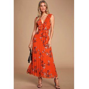 "Loved By You" Red Orange Floral Print Pleated Chiffon Maxi Dress